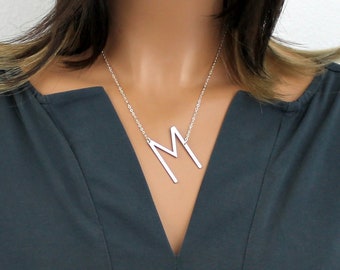 Large Initial Necklace, Over Size Letter, Silver Sideways, Rose Gold Initial, Gold Personalized Initial Big Initial, Bridesmaid Gift