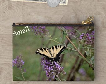 Yellow butterfly pouch, zipper pouch, butterfly bag, butterfly pouch, butterfly coin purse, butterfly print, nature photography, small pouch