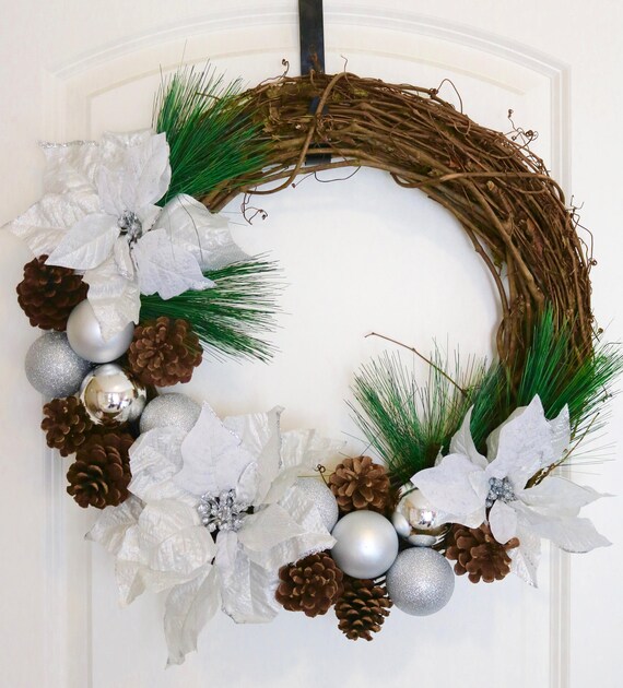 Silver and White Christmas Wreath Front Door Poinsettia