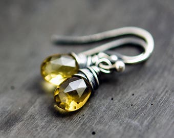 Quartz Earrings, Olive Quartz Jewelry, Drop Earrings, Wire Wrapped, Sterling Silver, November Birthstone, Birthstone Earrings , PoleStar