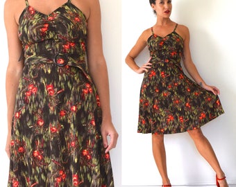 Vintage 70s Cherry Tree Novelty Print A Line Sun Dress (size xs, small)