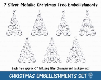 Silver Metallic Christmas Tree Clipart Set - 7 different styles - Commercial Use - Instant Download