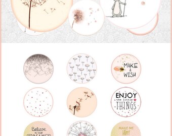 Digital collage sheet circles dandelion pink white- 1 inch circle images digital bottle cap dandelion digital rounds 30 25 20 18 16 14 12 mm
