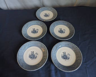 Currier and Ives Blue & White Saucer Set of 5