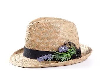 Fedora hat , Straw hat , Sun hat , Womens hat with a lavender decoration.