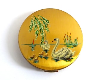 Mid Century Compact, 1950s Retro, Hand-painted Swan Design