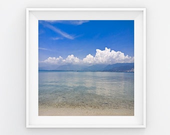 Sea Under Blue Sky Print, White Cloud Print