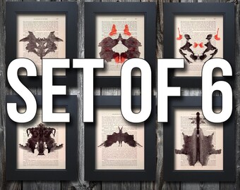 All 6 Rorschach inkblot tests Art print on Upcycled 1903 Medical Textbook pages #0022
