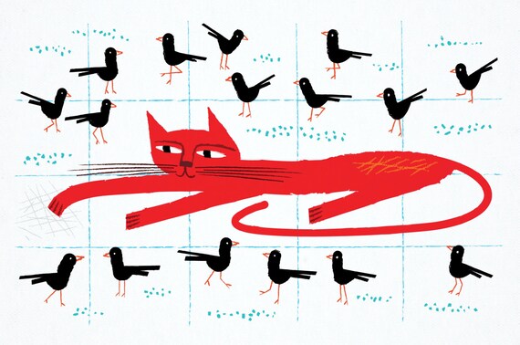 Cat Amongst The Pigeons - Animal art - childrens poster - wall art print - iOTA iLLUSTRATiON