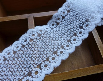 2.4" wide White Embroidered Mesh Fabric Lace for Weddings, Girls Dress, Cakes, Invitation card