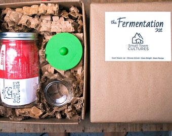 Glass Lacto Fermentation Kit with Basic Recipe and Airlock... Make Kimchi, Sauerkraut, Pickles, and other Probiotic Rich Fermented Foods