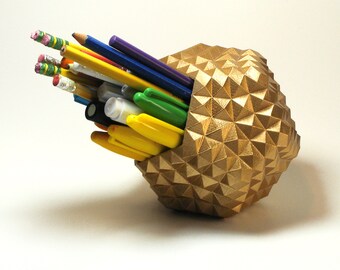 Cubicle Decor Dodecahedron Pen Pot Gold Decor Gold Pencil Cup Pencil Organizer Gold Modern Pen Holder Gold Pencil Holder Dodecahedron Pot