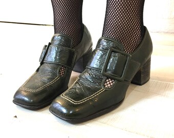 Vintage 60s Patent Leather Square Toe Buckle Shoes Stacked Heel Gothic Style Dark Green 7 7 1/2