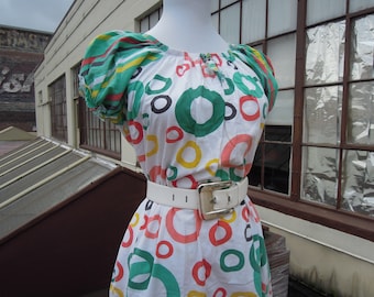 Vtg Amazing Fruit Loops Life Savers O Novelty Print Colorful Cotton Peasant Nightgown Muumuu Circus House Dress S M L 40's 50's