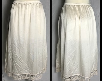 Lorraine Cream NylonHalf Slip with Lace Trimmed Hem in Midi Knee Length - Size Large