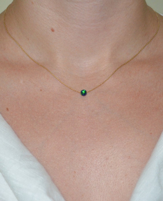 Opal Necklace, Tiny Dot Necklace, Small Opal Ball Gold Necklace, blue opal charm, simple dainty circle opal bead necklace, opal jewelry
