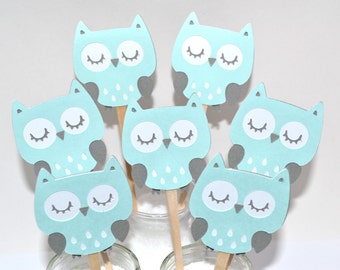 12 Teal Owl Cupcake Toppers / Owl Birthday Party Ideas / Its a Boy Owl / Owl Invitation / Owl Baby Shower Theme / Owl Centerpiece