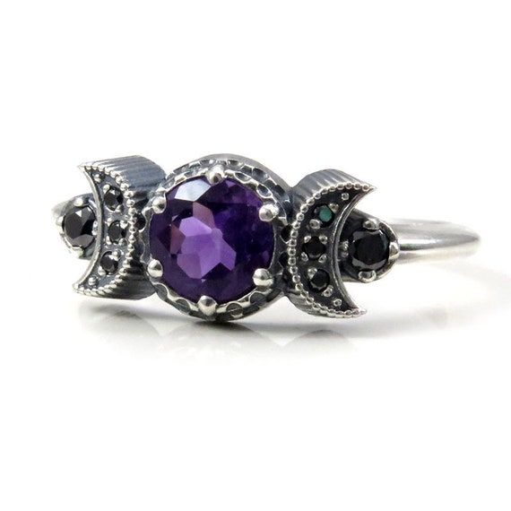 Triple Moon Ring - Pick Your Center Stone - Sterling Silver and Black Diamond Engagement