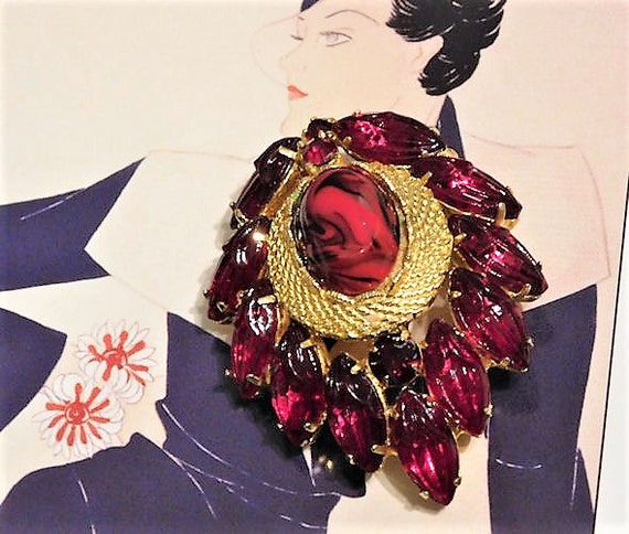 Rhinestone Brooch / Mid Century Brooch / Slag Glass