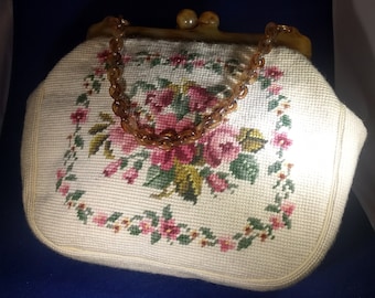 MAUD HUNDLEY NEEDLEPOINT Purse-Lucite Frame & Handle-Roses on Both Sides-Pink Inside-Clean!