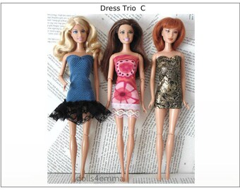 Barbie / Fashionistas Doll Clothes - Lot of 3 OOAK Dresses - DRESS TRIO C - Handmade Fashions by dolls4emma