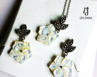 Vintage Ivory Marquisette Flower Pendant Sterling Silver Necklace & Earrings, 925 CFJ, vintage jewelry, flower earrings, ivory