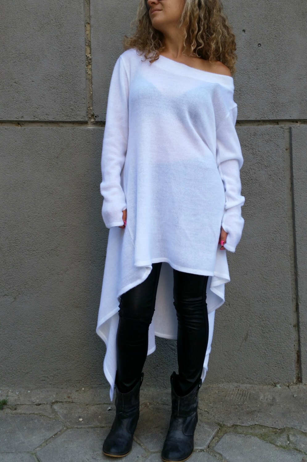 White Asymmetrical Sweater Top Sweater dress knitwear cotton