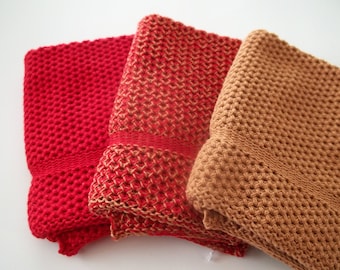 Dishcloths Knit on Cotton, in Red and Calfskin, Cotton Dishcloth, Dishcloth, Wash Cloth