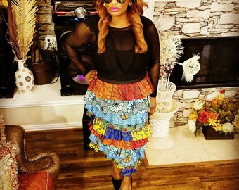 Multi-ankara ruffled layered midi skirt