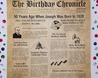 90th Birthday Gifts, Personalized, Headline News Print, Time Capsule, Newsletter Style, 1928 Birthday Gift, Chronicle, 90th Milestone Gifts