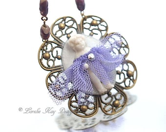 I Shall Wear Purple Frozen Charlotte Necklace Frilly Little Doll Necklace Red Hat Society Pendant Lorelie Kay Original