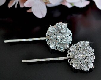 Set of 2 Beautiful Handmade Vintage Inspired Crystal Rhinestone Hair Pins, Bridal, Wedding (Sparkle-2441)