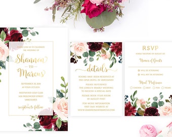 Marsala Wedding Invitation Set, Printable Burgundy Wedding Invitation Suite, Floral Wedding Invitation Template, Watercolor Wedding Invite