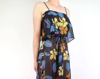 VINTAGE Dress 1970s Sundress Black Floral Sheer XS