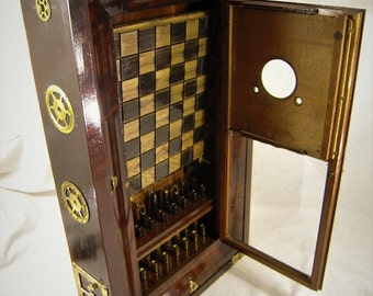 Late 1800's Antique Clock Case / Bullet Shell Steampunk Chess Set with Red Oak board- # 0820160005- Free Shipping to U.S.