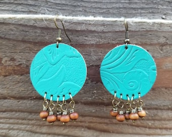 Turquoise Leather Earrings with Brown Beads