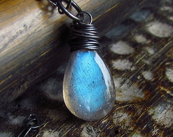 Labradorite Necklace, Blue Fire, Labradorite, Gemstone Pendant, Blue Stone, Under 50, Oxidized Sterling Silver, Wire Wrapped
