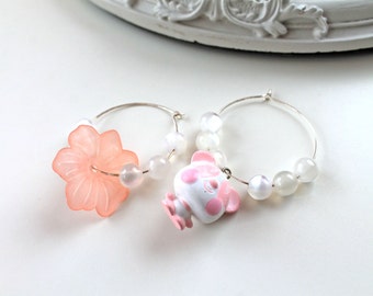 Panda mismatched hoops earrings kawaii pink white fairy kei lolita