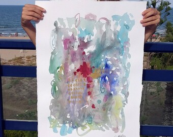 Large watercolour. Abstract painting. Flowers.