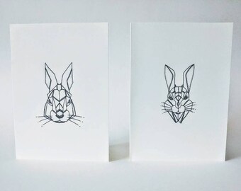 Geometric Hare & Rabbit Card Set/Animals/Lupus/Mammal/Prints/Hand Made/Pen/Ink Drawings/Intricate/Easter/Holidays
