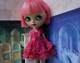 OOAK BLYTHE Party Dress - Vintage Styled Shabby Elegance Tattered/Layered/Hand-Dyed Silk Dress -Cherry Red