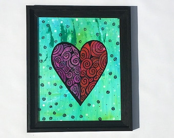 Healing Heart Painting - Original Mixed Media Collage Painting - Love Art - Red, Purple, Blue Green Framed Wall Art Decor by Claudine Intner