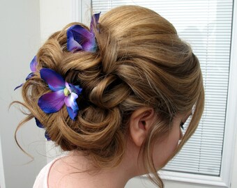 Blue orchid hair pins - Wedding hair accessories set of 4 hair flowers
