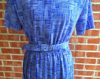 Vintage 80s Leslie Fay purple and gray pattern dress. Size 10