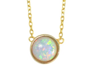 Gold Vermeil White Opal Gemstone Coin Necklace in Sterling Silver 16'' - 18'' - Dainty and Delicate