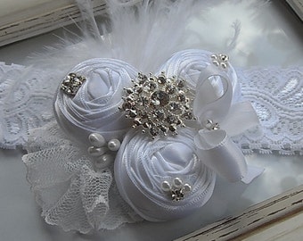 Christening White Headband / Christening White Flowers Headband / Flower girl / White Rolled Flowers / Photography / Prop.