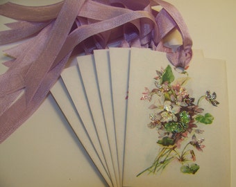 Floral Tags Violets Tags Shabby Vintage Style All Occasion Tags Place Card Favor Tags Set of 6 or 9