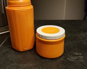 Vintage/Retro/Orange/Thermos/Set/Jar/Bottle/Soup/Plastic/White/80s/Kitchen/Drinkware/Household/Portable/Lunch/Kids/Children/Food Container