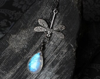 Moonstone Necklace, Dragonfly Necklace, Moonstone Jewelry, Moonstone Pendant, Oxidized Sterling Silver, CircesHouse, "Moonwings"