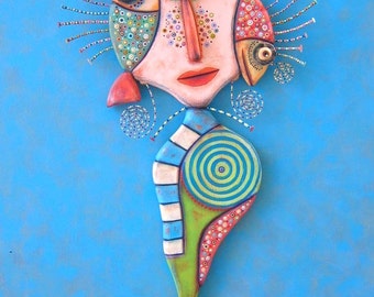 Kalypso, Original Found Object Wall Sculpture, Wood Carving, Wall Decor, Mermaid Sculpture, Painted Sculpture, by Fig Jam Studio